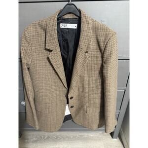 NWOT ZARA Plaid Blazer Jacket Women's Size Large Brown Wool Blend